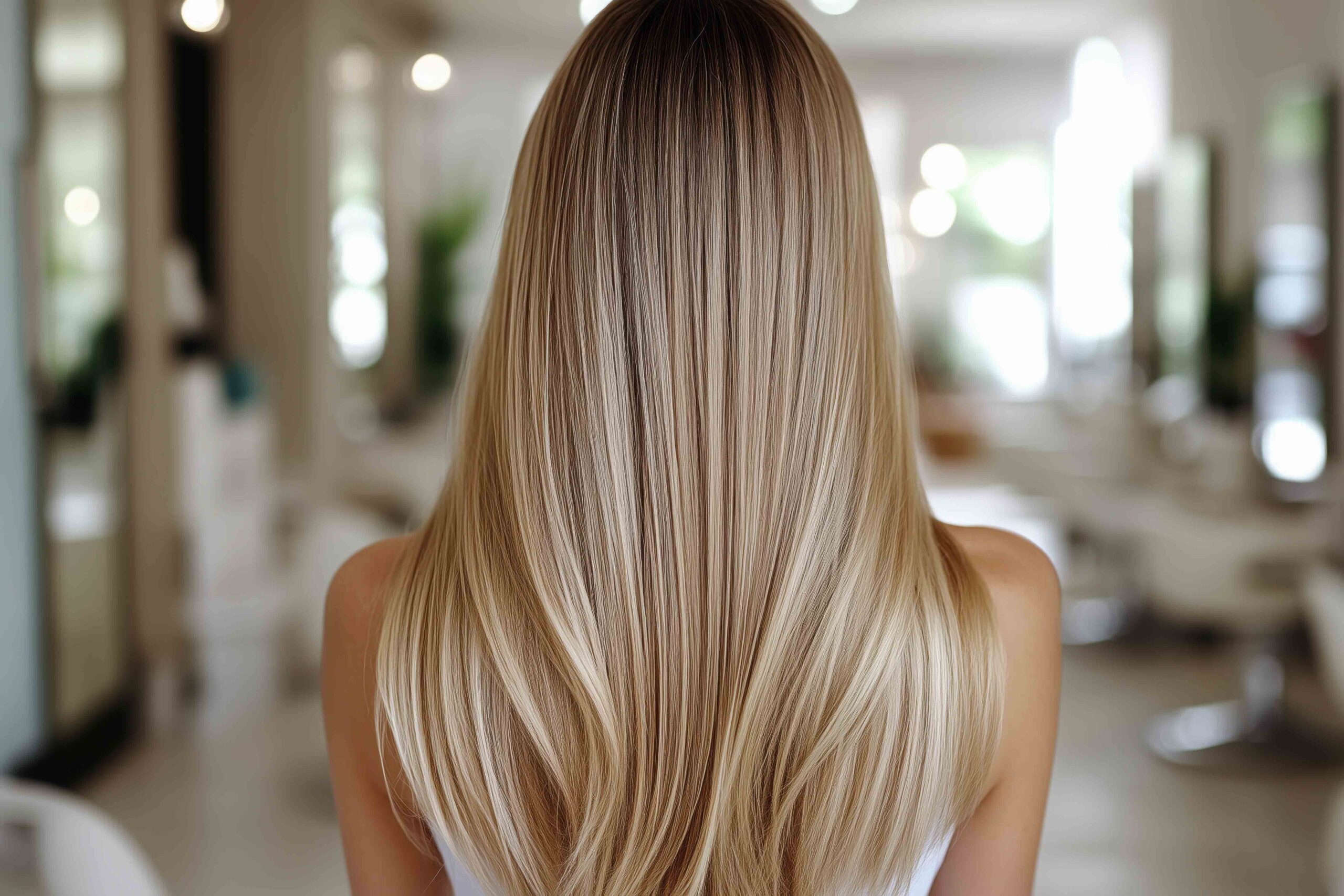 Frau mit wunderschönen, glatten, blonden Haaren